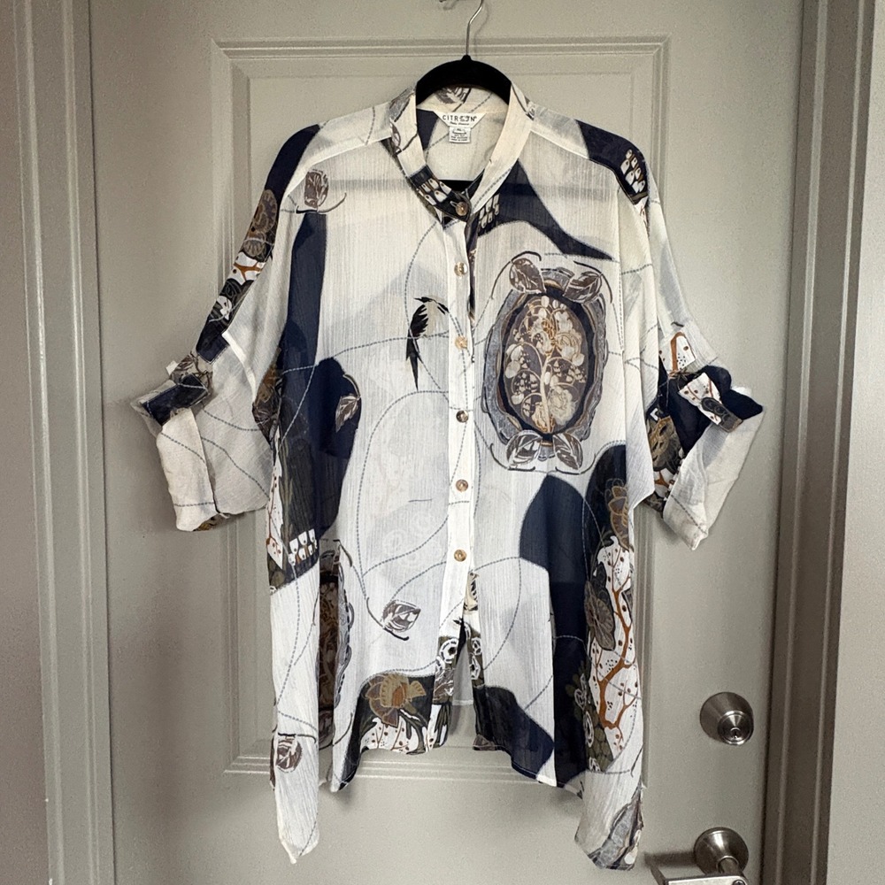 Citron Santa Monica Silk Blend Sheer Crinkle Tunic Abstract Print XL
